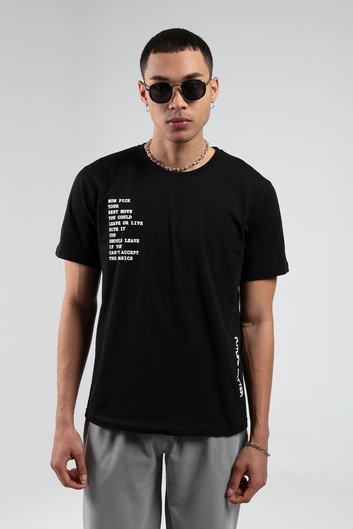 Siyah Boyama Bisiklet Yaka Kısa Kollu  Baskılı %100 Pamuklu T-Shirt | MES218844-01
