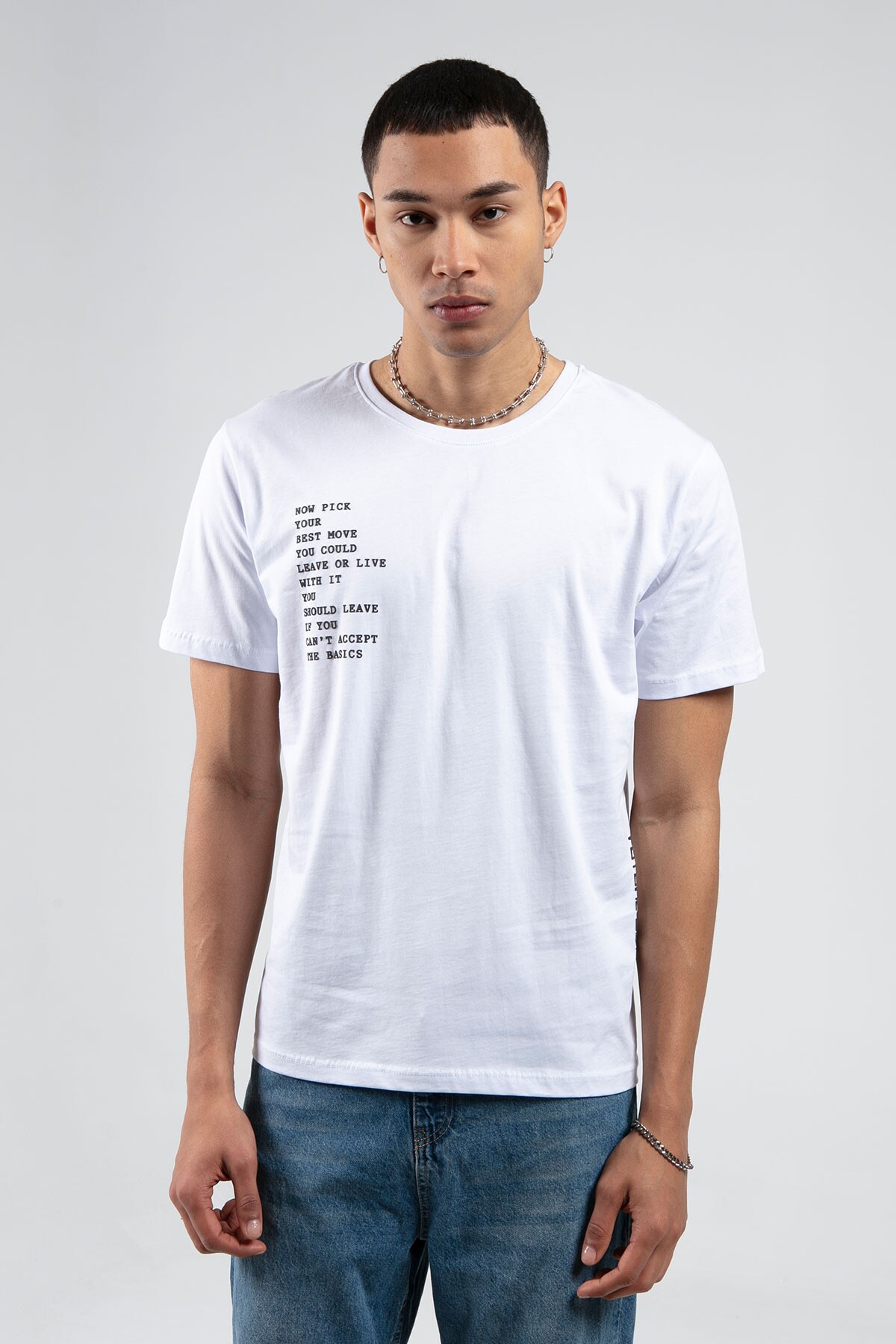 Beyaz Boyama Bisiklet Yaka Kısa Kollu  Baskılı %100 Pamuklu T-Shirt | MES218844-01