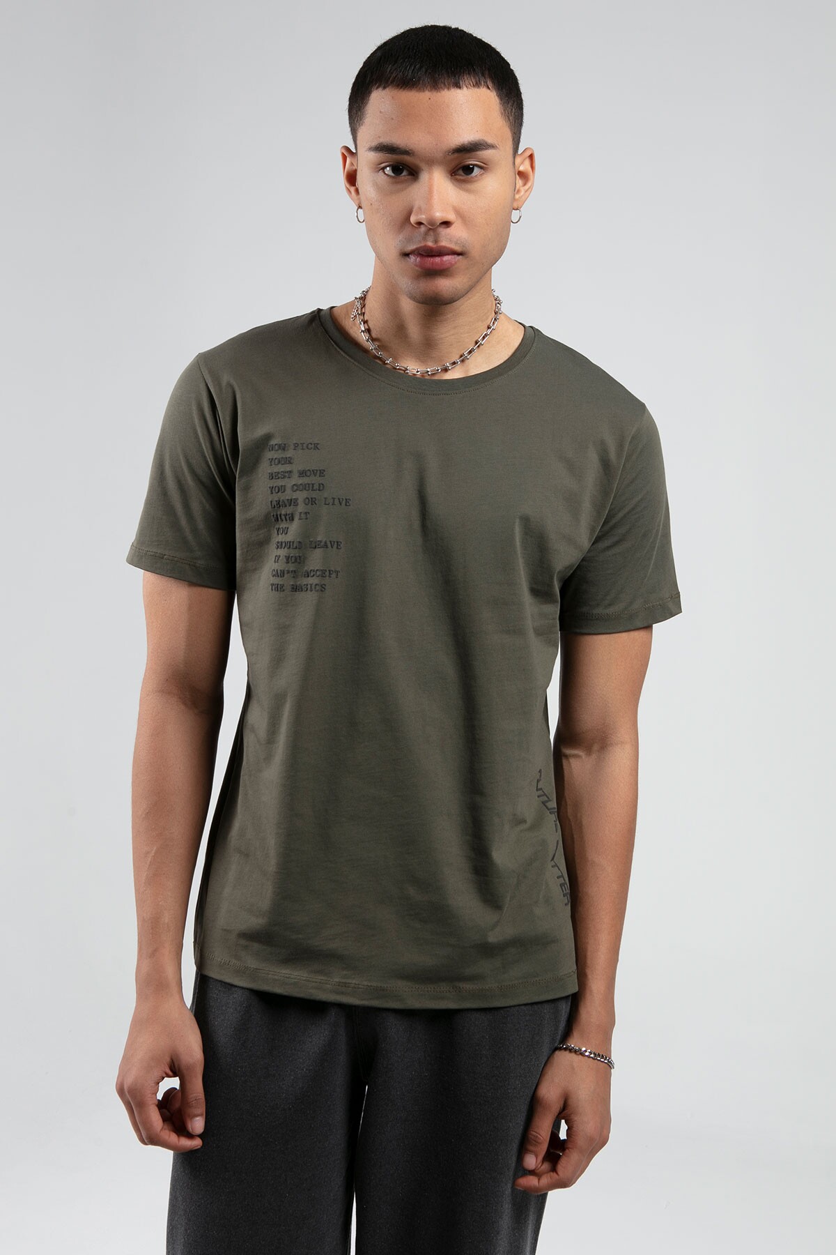 Haki Boyama Bisiklet Yaka Kısa Kollu  Baskılı %100 Pamuklu T-Shirt | MES218844-01