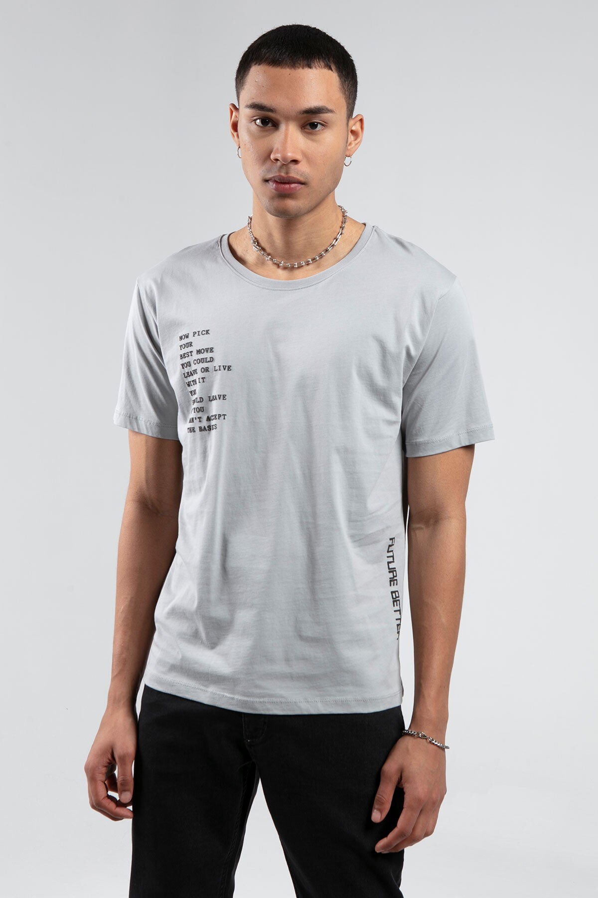 Boyama Gri Boyama Bisiklet Yaka Kısa Kollu  Baskılı %100 Pamuklu T-Shirt | MES218844-01