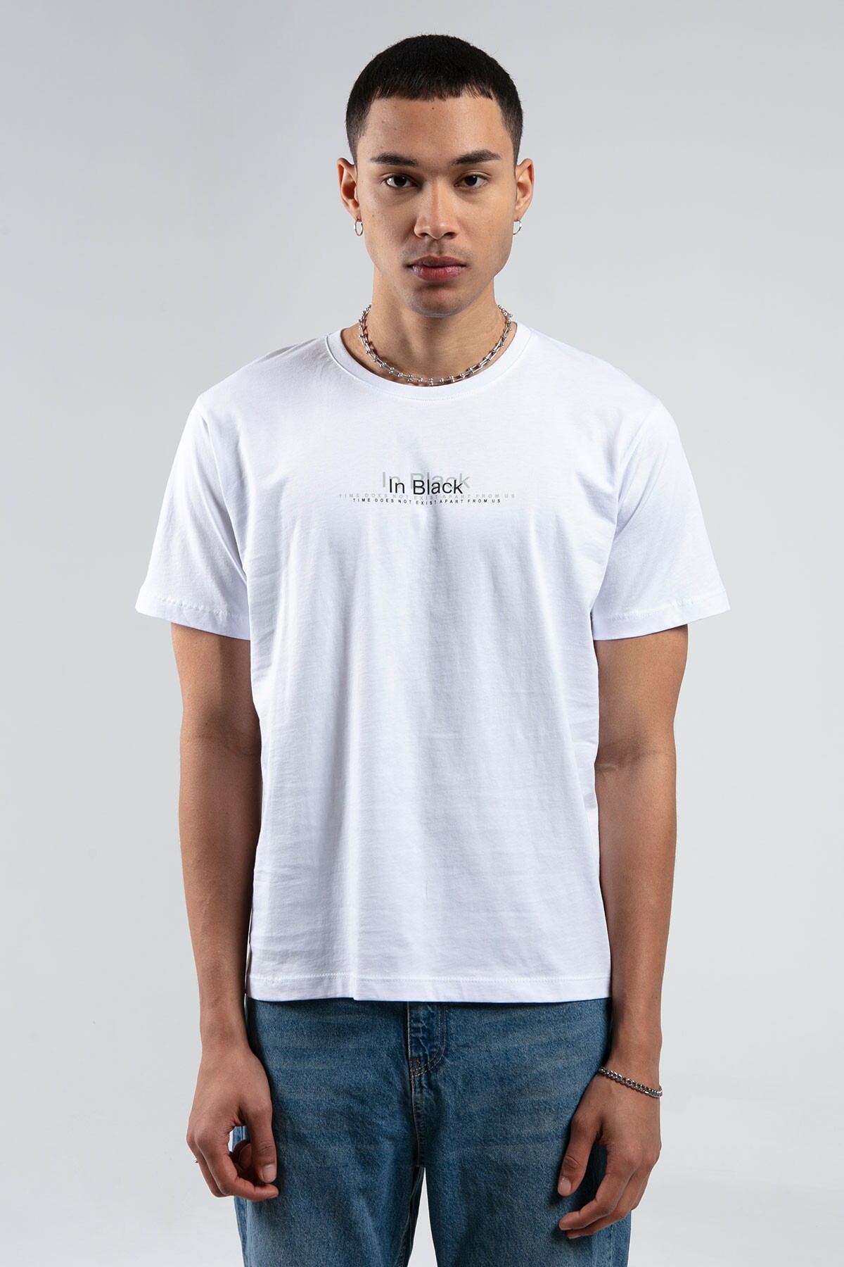Beyaz Bisiklet Yaka Kısa Kollu  Baskılı %100 Pamuklu T-Shirt | MES218848-01