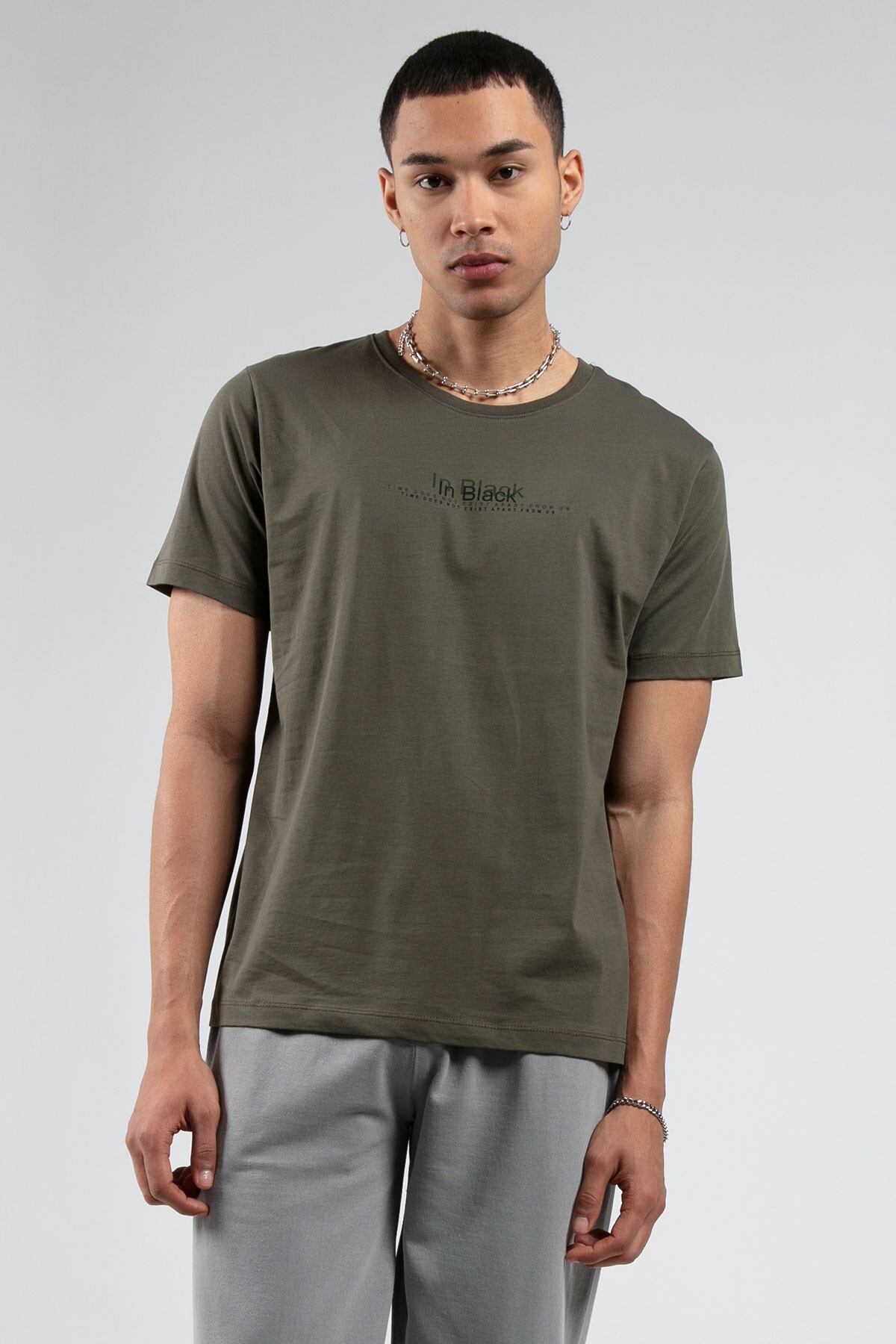 Haki Bisiklet Yaka Kısa Kollu  Baskılı %100 Pamuklu T-Shirt | MES218848-01