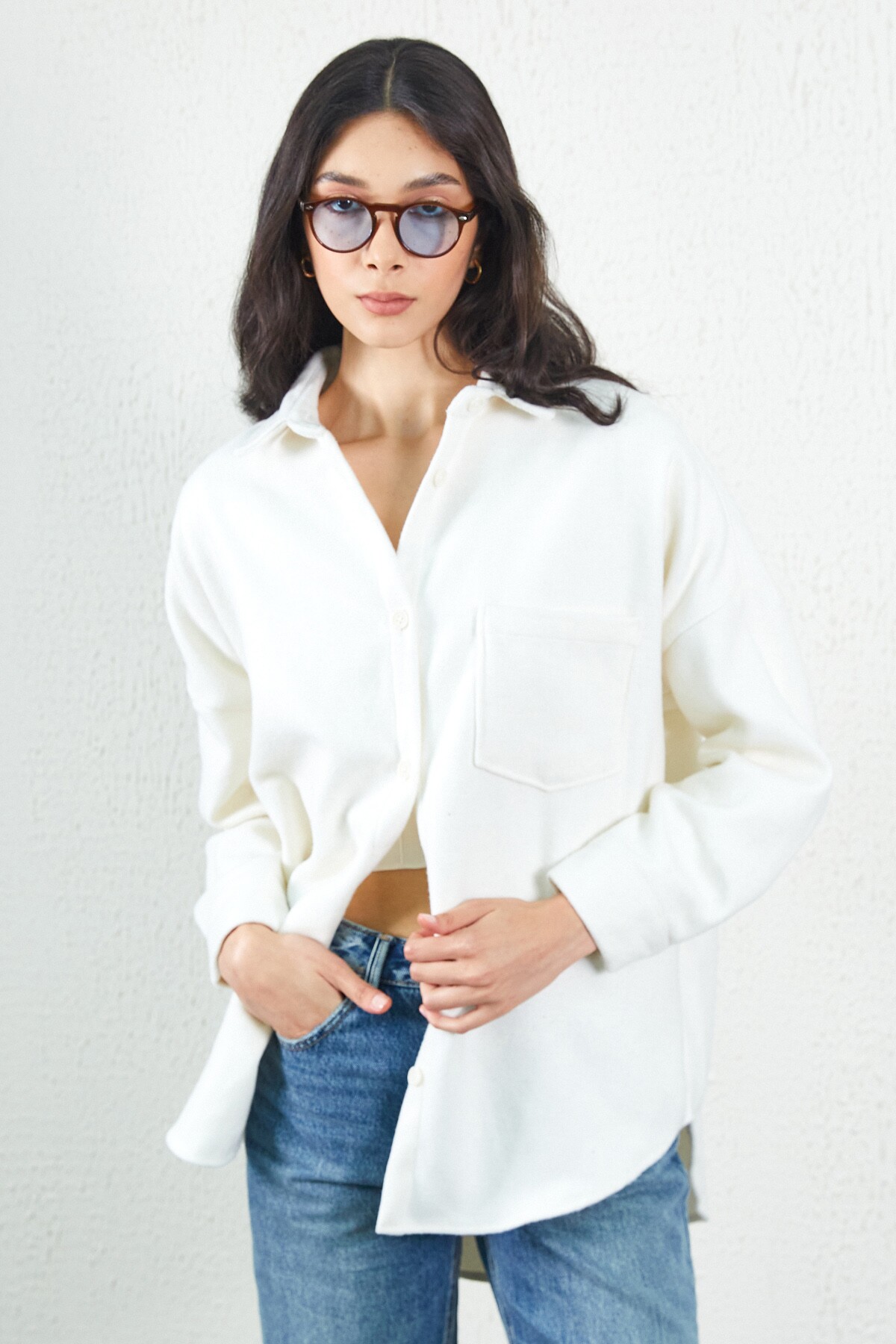 Ekru Oversize Kaşe Gömlek | MKW167279-01