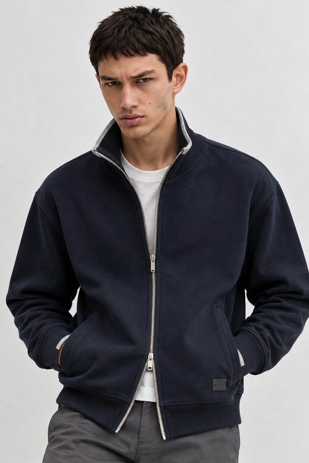 Lacivert Dik Yaka Fermuarlı Erkek Sweatshirt Ceket | MEW2211067-1