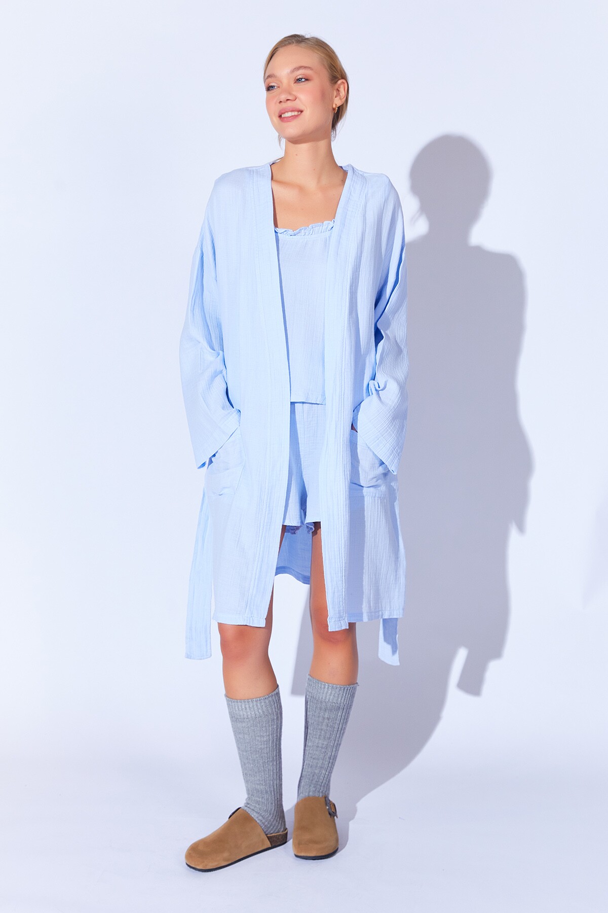 Bebe Mavi %100 Organik Pamuk Müslin Yıkamalı Sabahlık Kimono | MKW359976-01