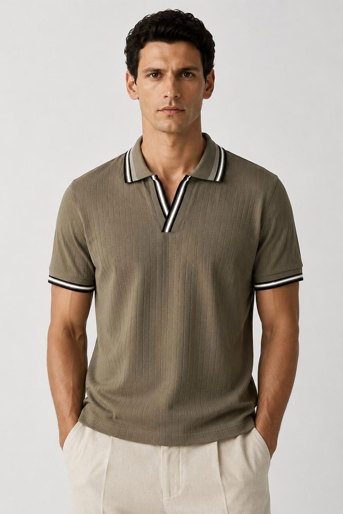 Olive Modern Kesim Polo Tişört