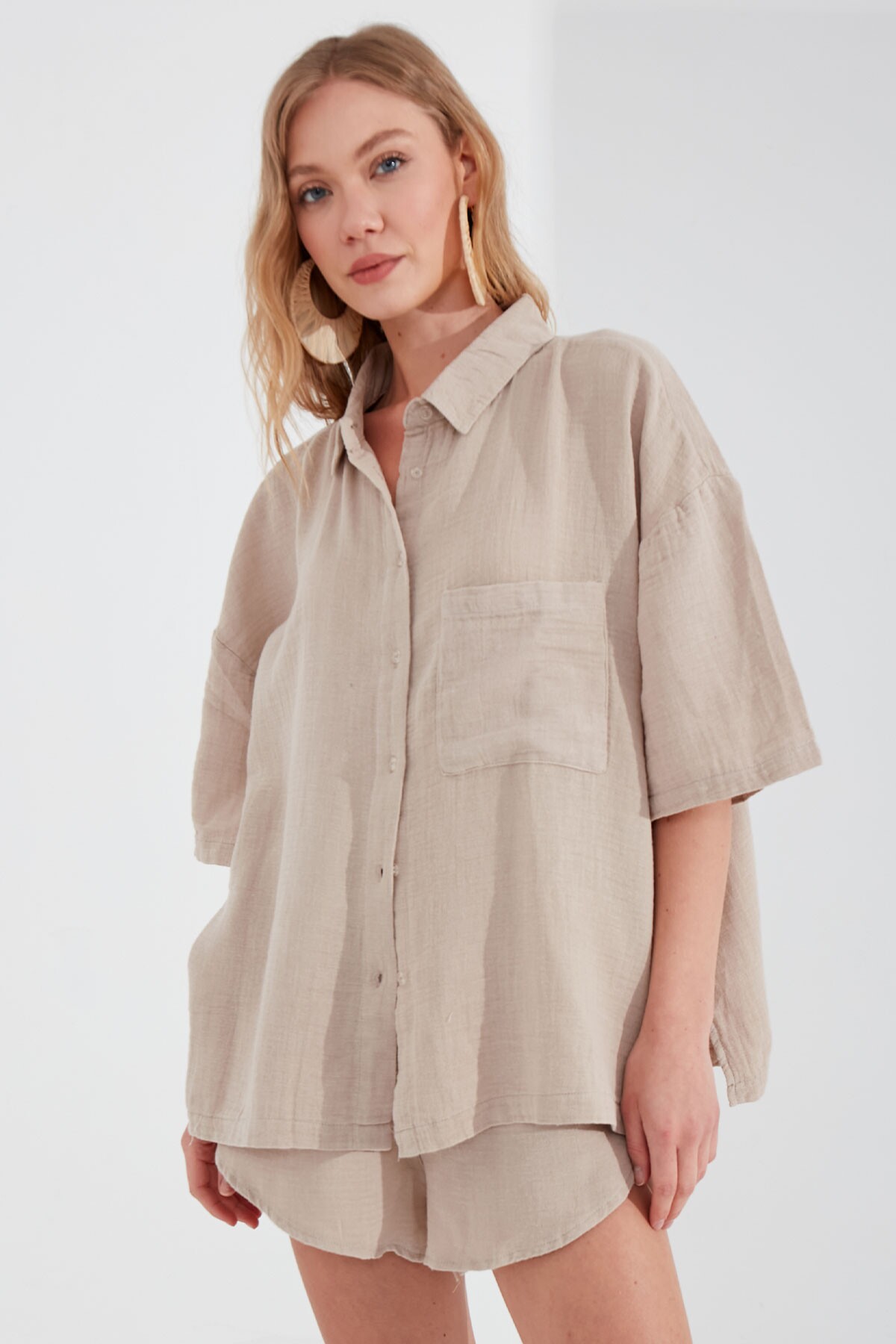 Taş Müslin Kadın Oversize Gömlek | MKS166965-01