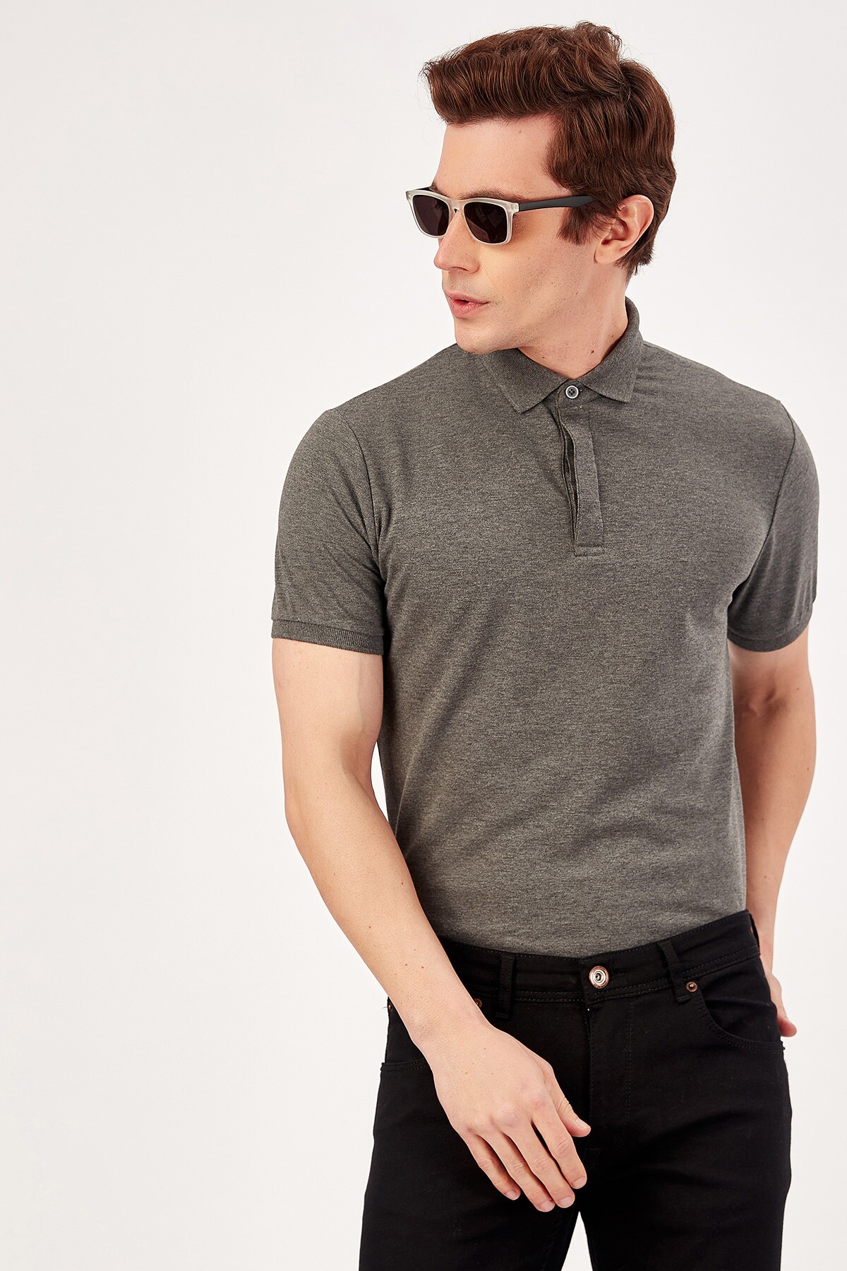 Lacivert Polo Yaka Baskili Erkek T Shirt Slim Fit
