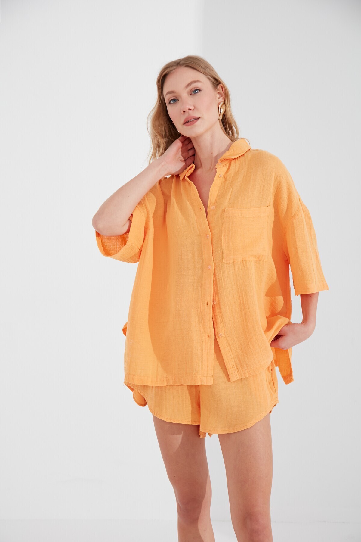 Oranj Müslin Kadın Oversize Gömlek | MKS166965-01