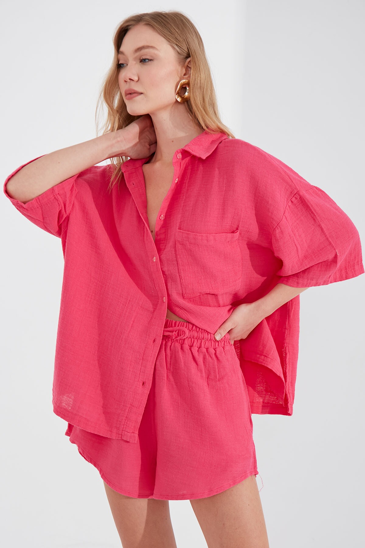 Fuşya Müslin Kadın Oversize Gömlek | MKS166965-01