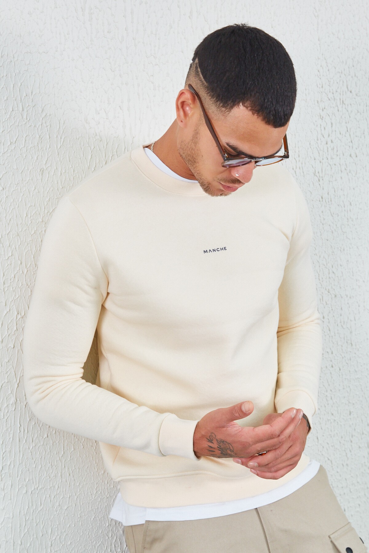 Ekru Bisiklet Yaka Basic Minimal Baskılı Sweat Boyama Gri | MEW227696-01