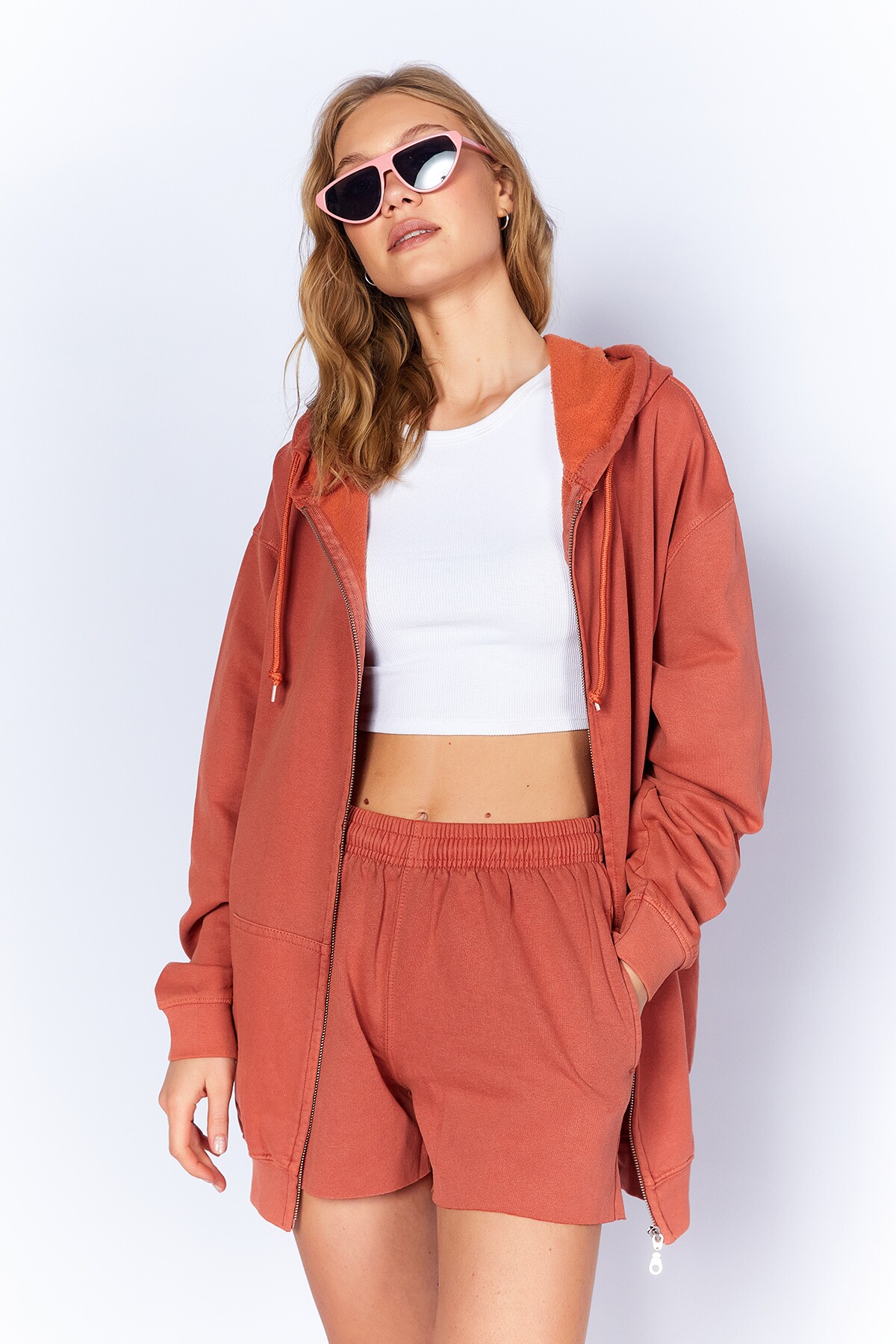 Kiremit Eskitme/soluk Efektli Rahat Kesim Fermuarlı Kapüşonlu Sweatshirt Hırka | MKW278855-01