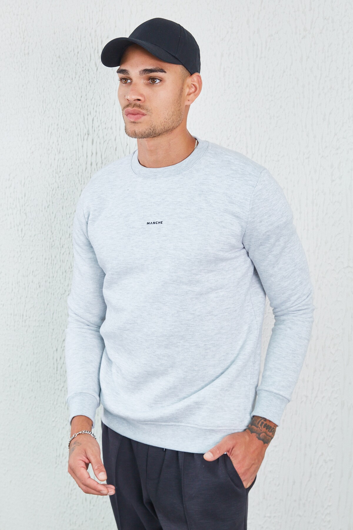Kar Melanj Bisiklet Yaka Basic Minimal Baskılı Sweat Boyama Gri | MEW227696-01