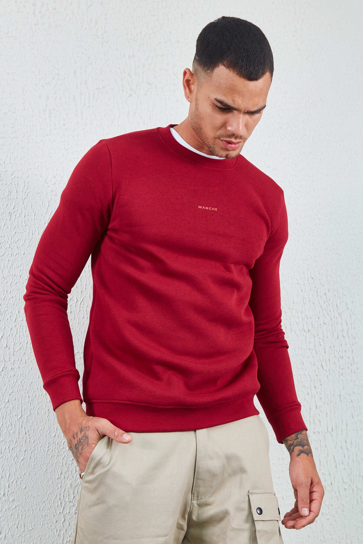 Bordo Bisiklet Yaka Basic Minimal Baskılı Sweat Boyama Gri | MEW227696-01