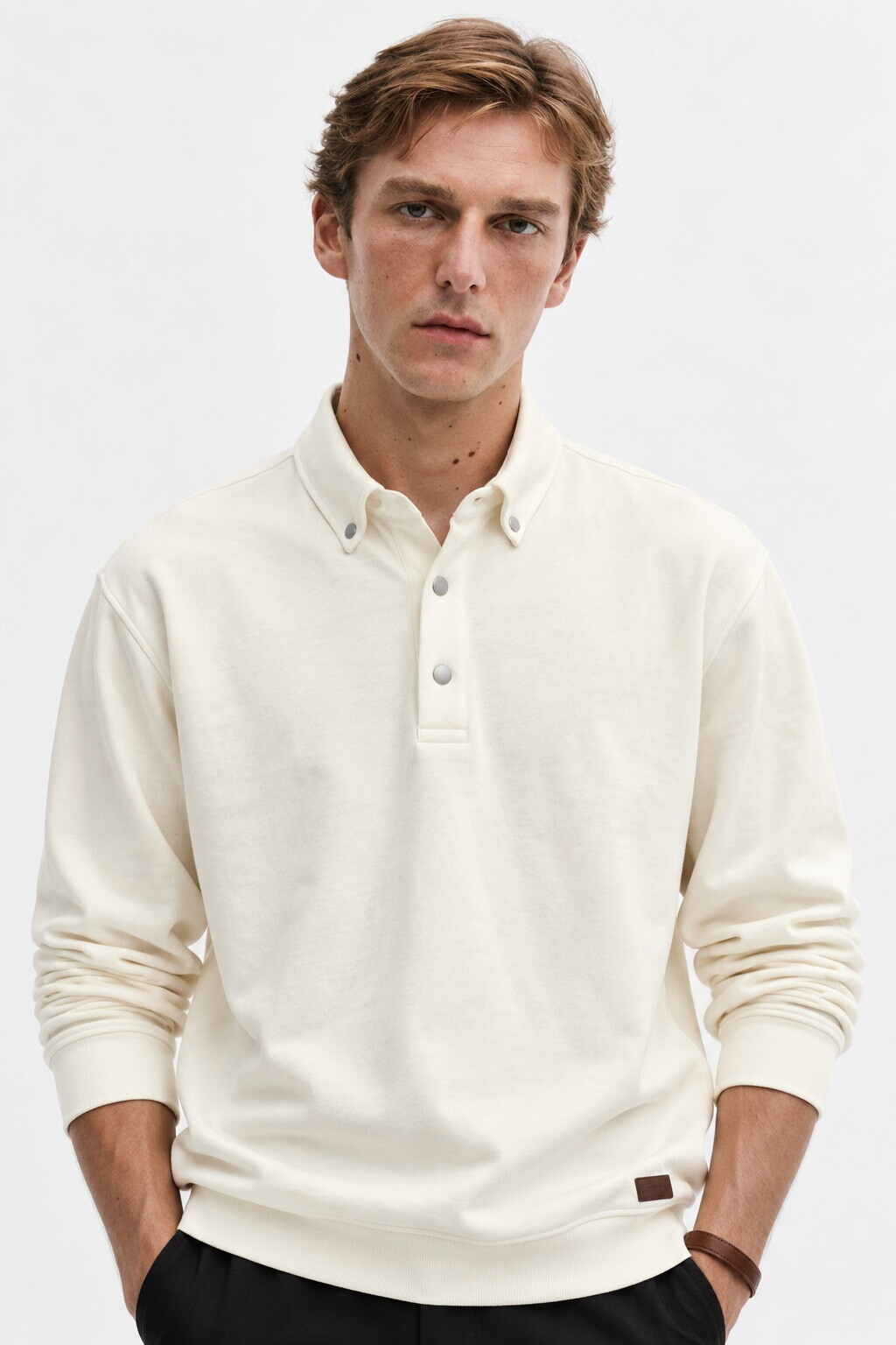 Ekru Polo Yaka Çıtçıt Detaylı Regular Fit Sweatshirt | MEW2211442-1