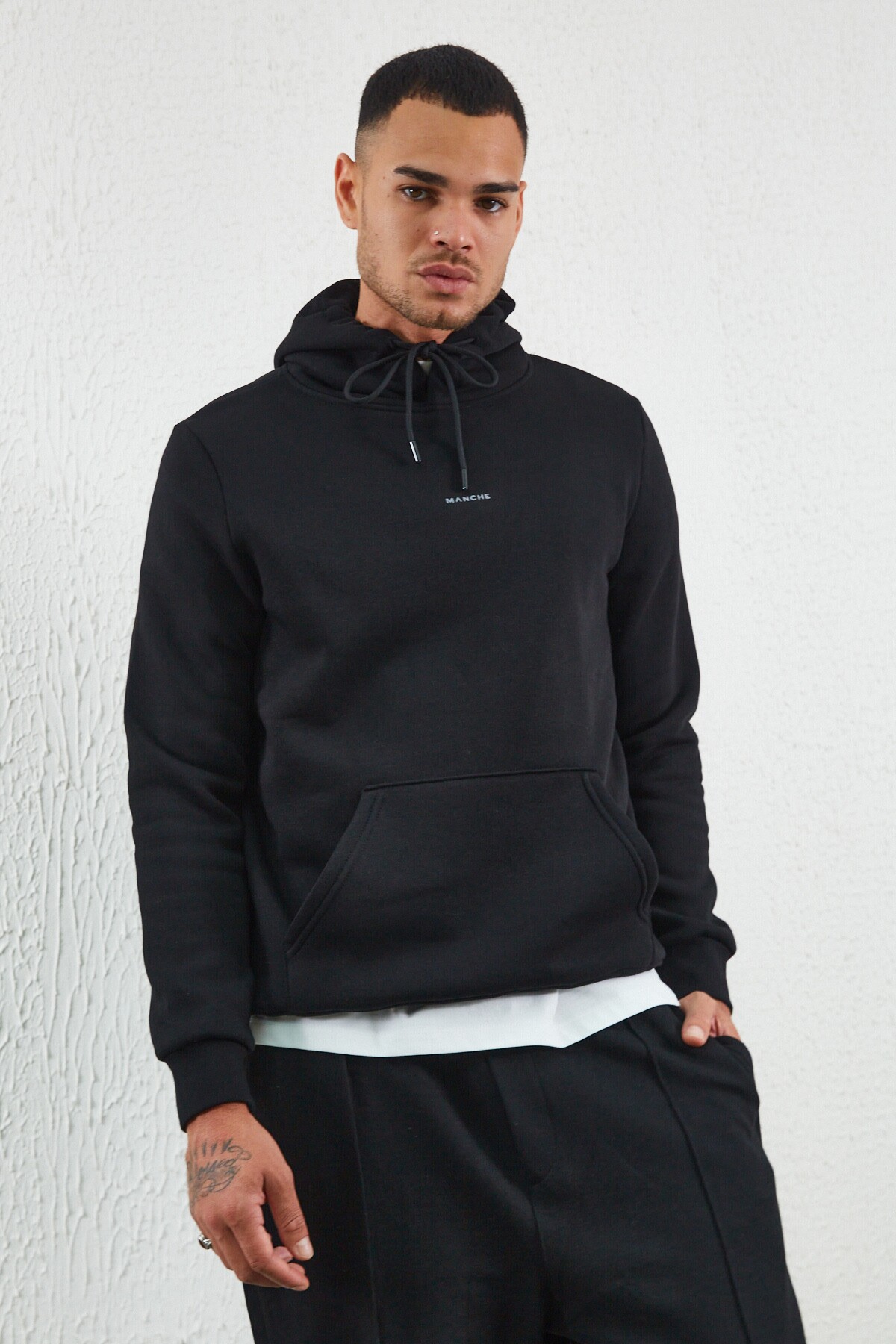 Siyah Kapüşonlu Basic Minimal Baskılı Sweat Füme | MEW227697-01