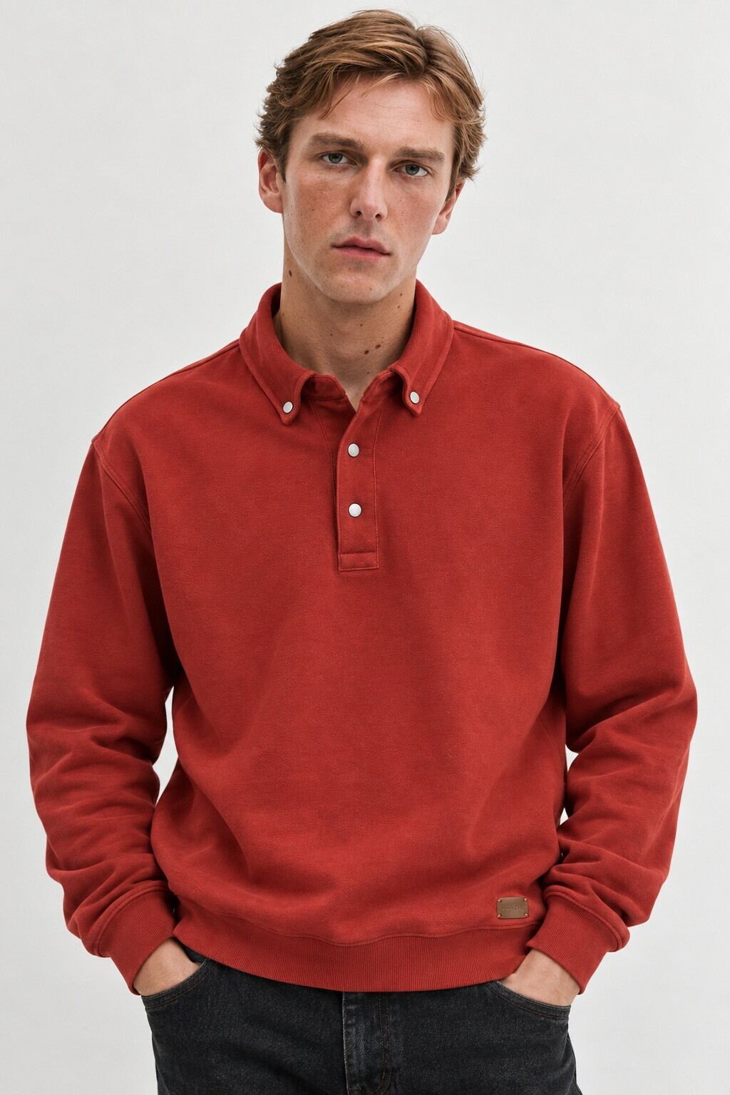 Kiremit Polo Yaka Çıtçıt Detaylı Regular Fit Sweatshirt | MEW2211442-1