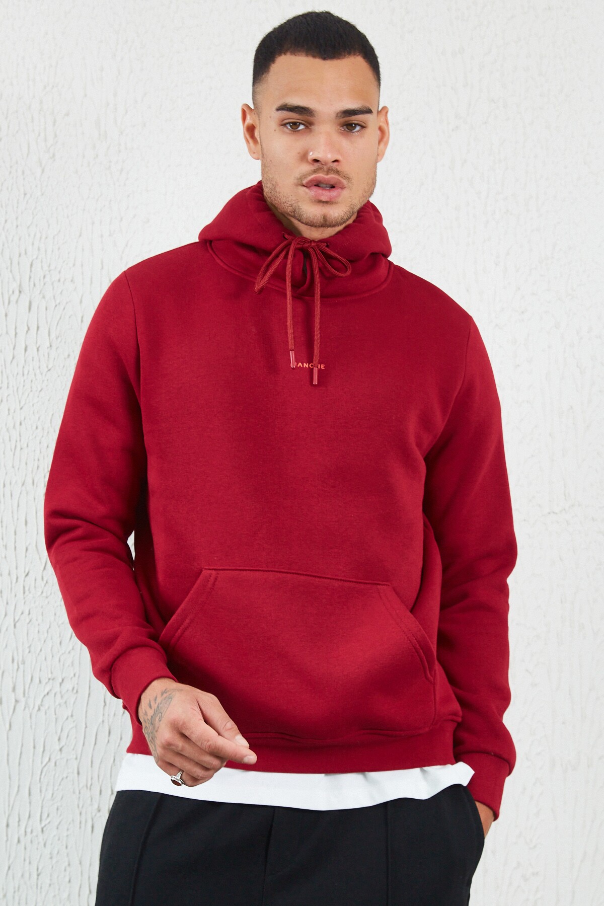 Bordo Kapüşonlu Basic Minimal Baskılı Sweat Füme | MEW227697-01