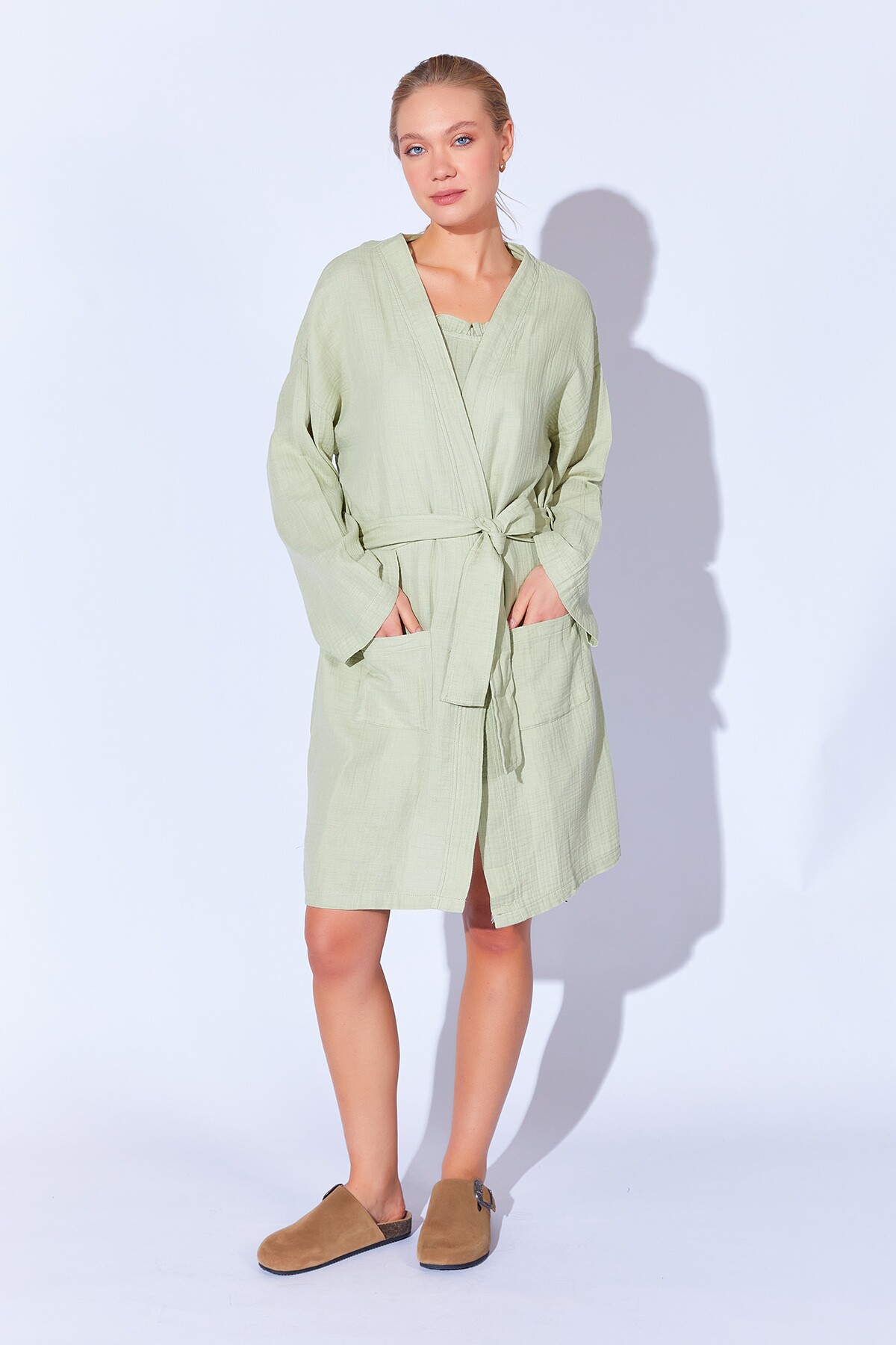 Çağla %100 Organik Pamuk Müslin Yıkamalı Sabahlık Kimono | MKW359976-01
