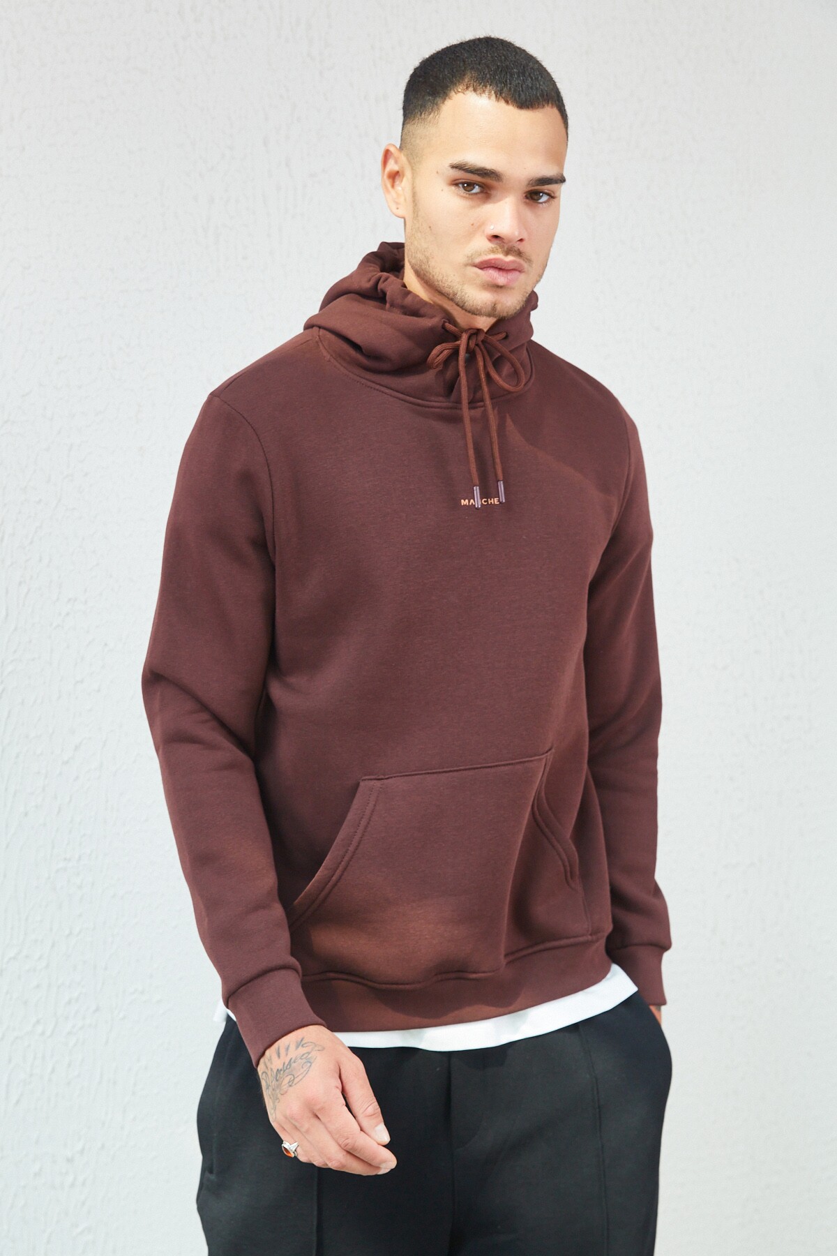 Kahve Kapüşonlu Basic Minimal Baskılı Sweat Füme | MEW227697-01