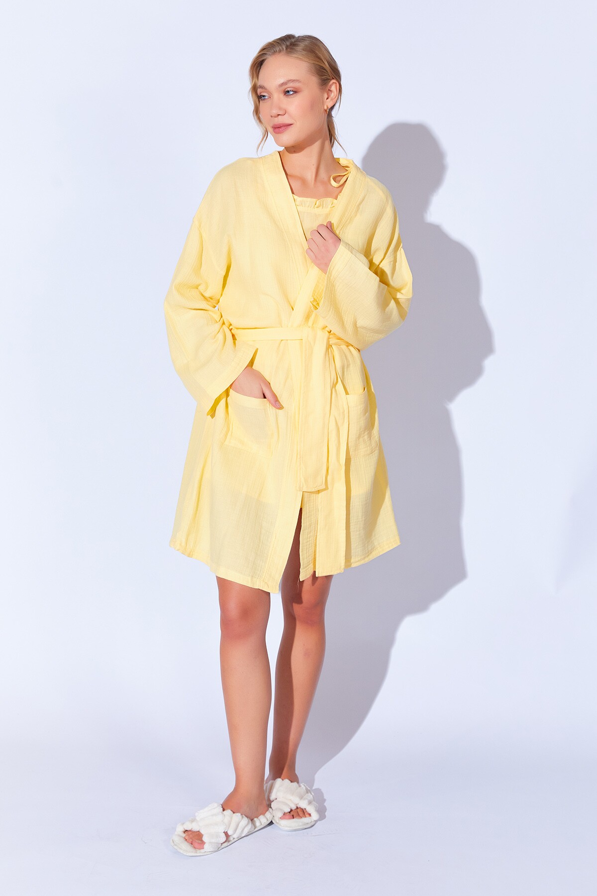 Sarı %100 Organik Pamuk Müslin Yıkamalı Sabahlık Kimono | MKW359976-01