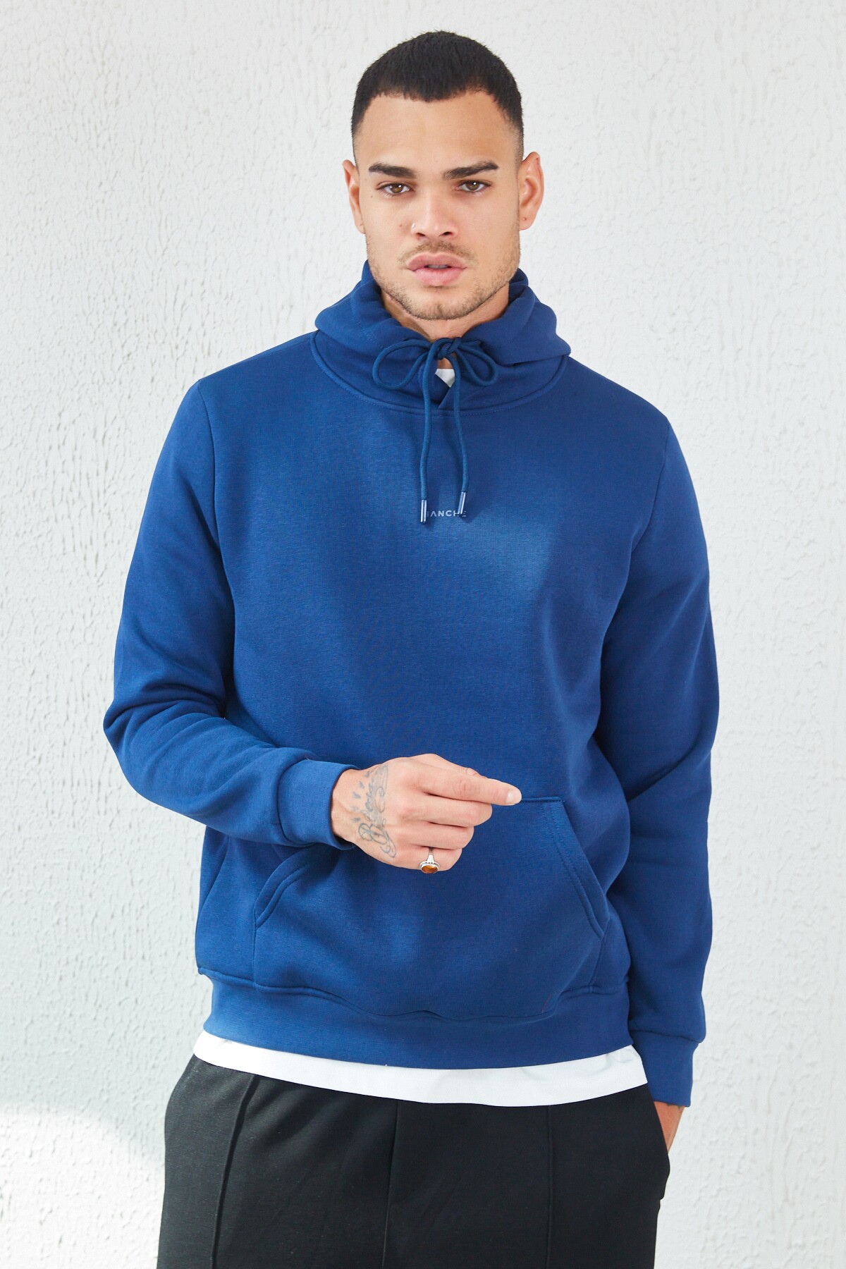 Marin Kapüşonlu Basic Minimal Baskılı Sweat Füme | MEW227697-01