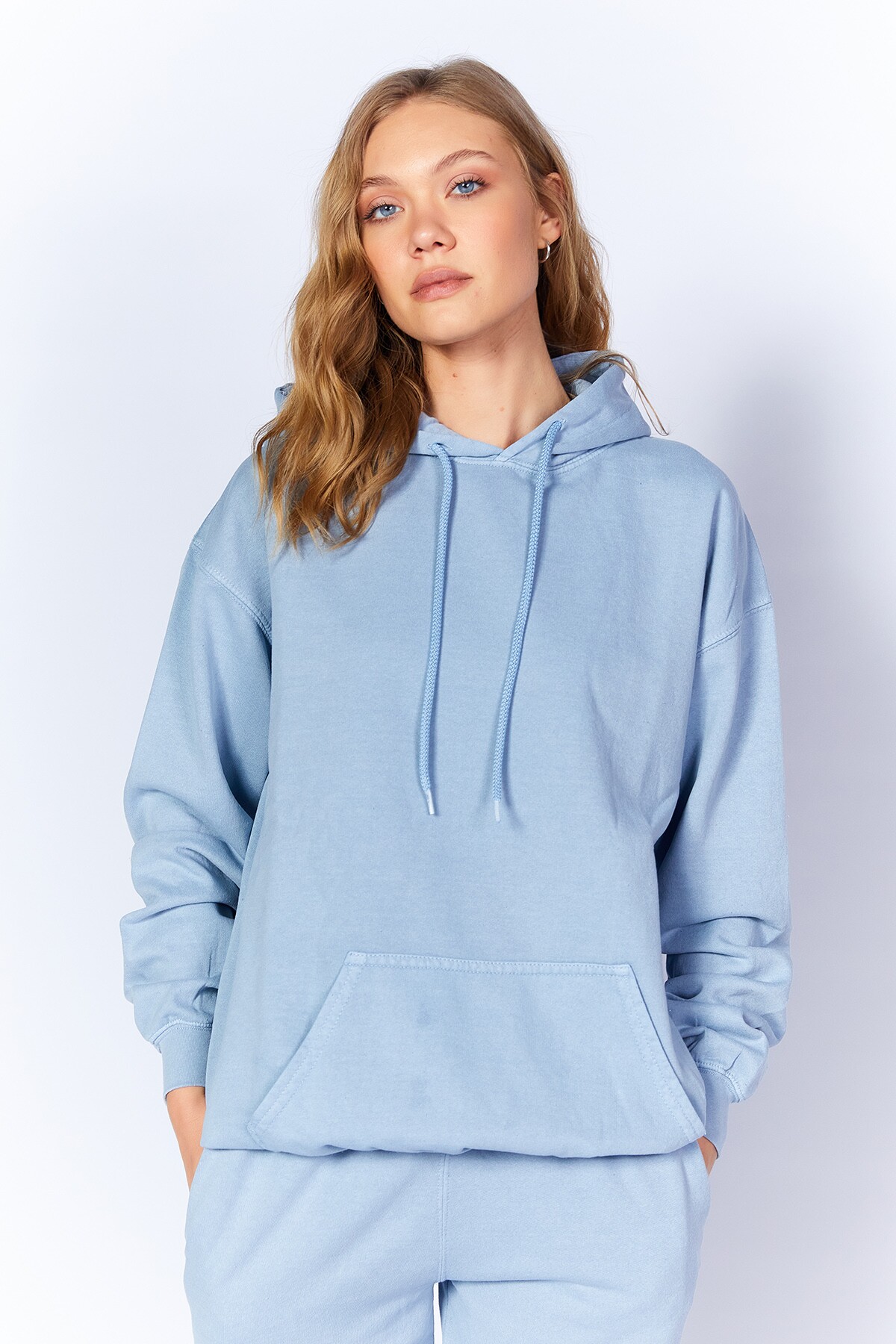 Mavi Eskitme/soluk Efektli Regular/normal Kalıp Kapşonlu Kanguru Cepli Örme Sweatshirt | MKW278851-01