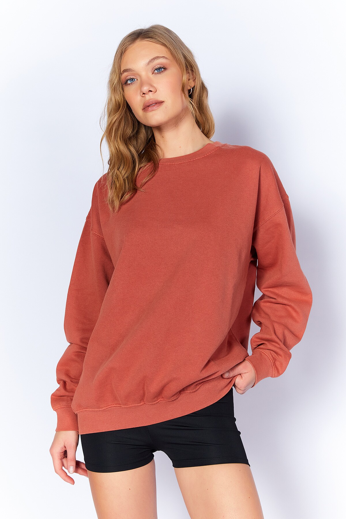 Kiremit Eskitme/soluk Efektli Basic Kalıp L Örme Sweatshirt | MKW278852-01