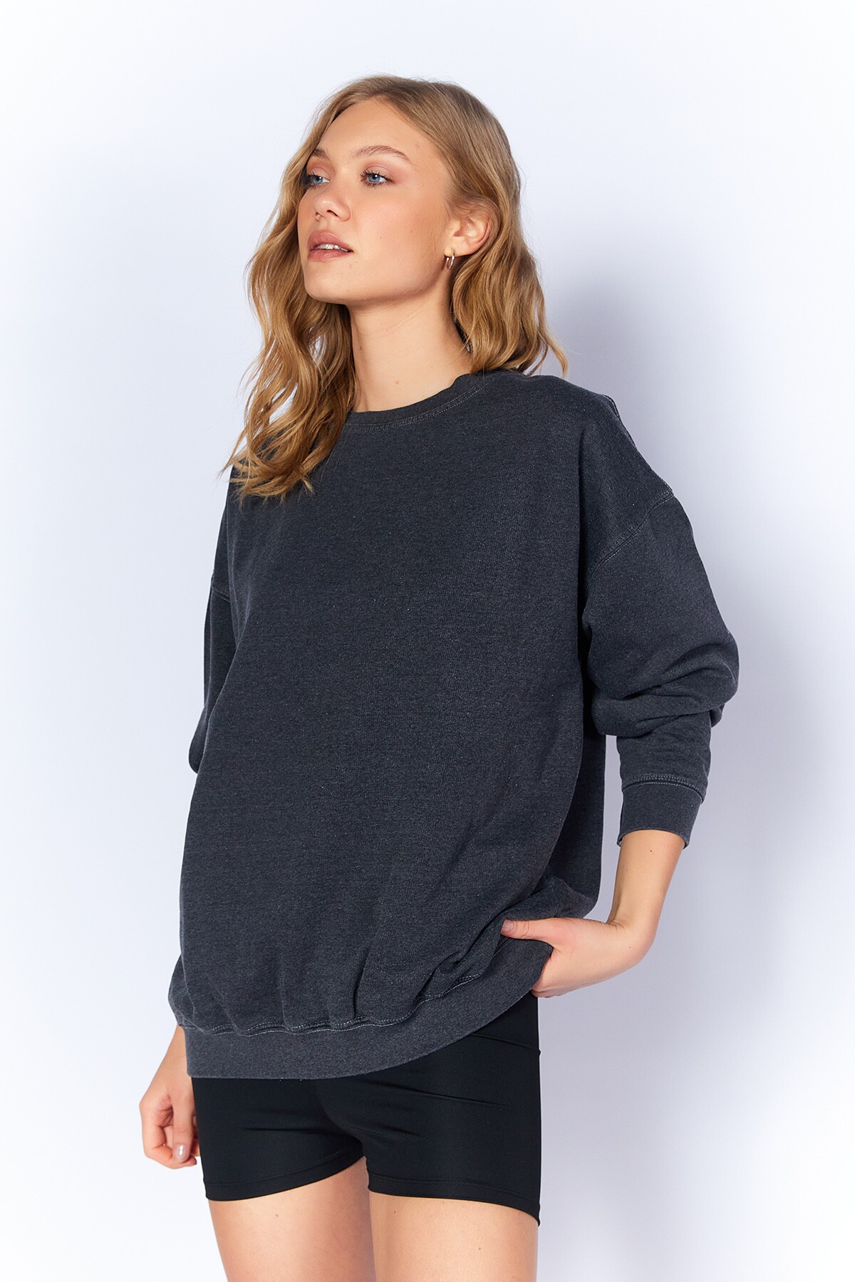 Antrasit Eskitme/soluk Efektli Basic Kalıp L Örme Sweatshirt | MKW278852-01