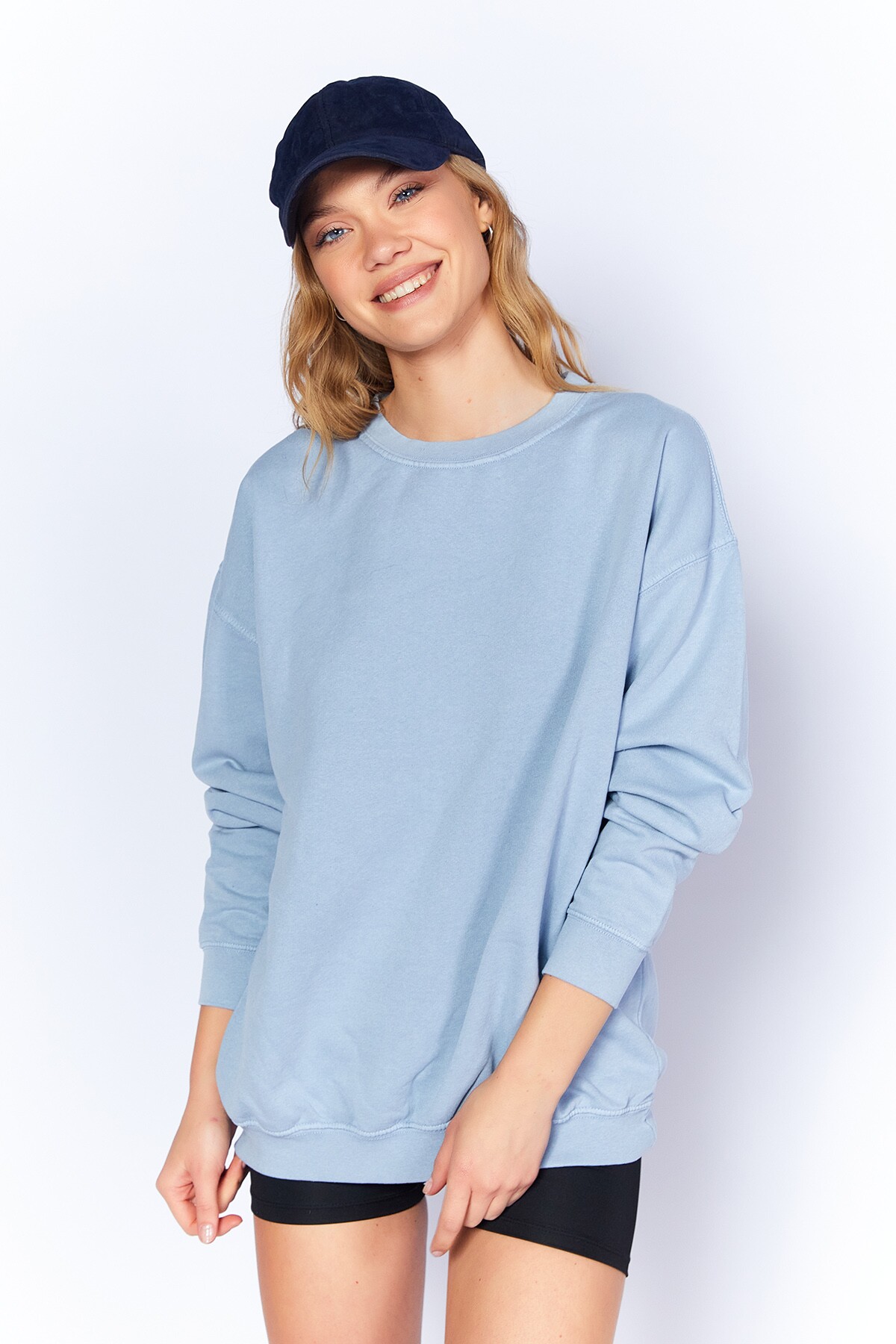 Mavi Eskitme/soluk Efektli Basic Kalıp L Örme Sweatshirt | MKW278852-01