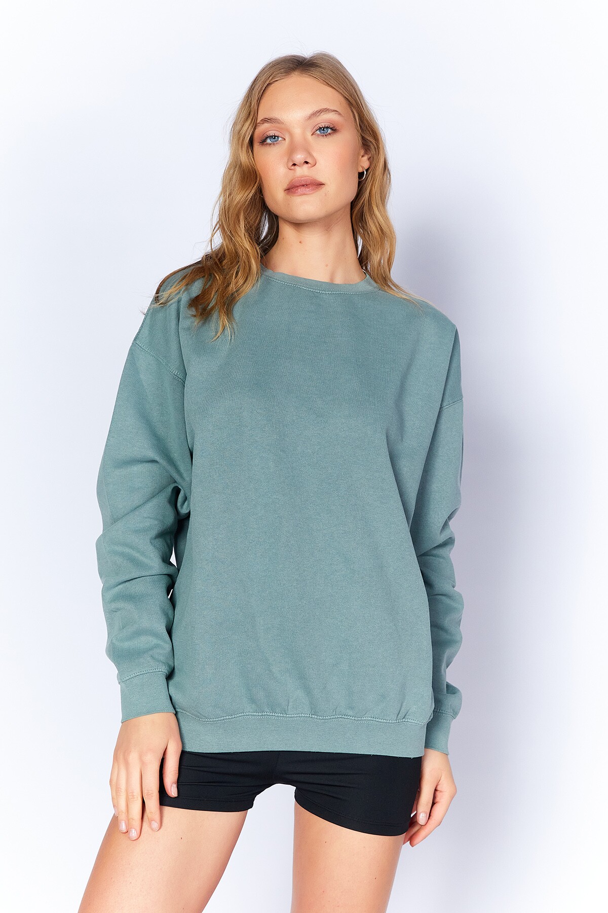Petrol Eskitme/soluk Efektli Basic Kalıp L Örme Sweatshirt | MKW278852-01