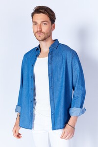 Lacivert Denim Yıkamalı Uzun Kol Jean Erkek Gömlek Lacivert | MES128316-01