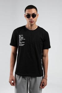 Siyah Boyama Bisiklet Yaka Kısa Kollu  Baskılı %100 Pamuklu T-Shirt | MES218844-01