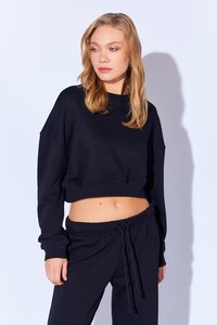 Siyah Yüksek crop lüx üç iplik ağır ribanalı uzun kol kadın Sweatshirt | MKW279401-01