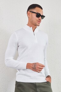 Ekru Fermuarlı Polo Yaka Triko | MEW517376-01