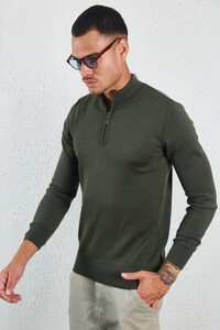 Koyu Haki Fermuarlı Polo Yaka Triko | MEW517376-01