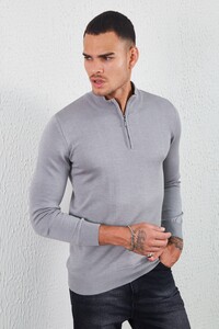 Gri Melanj Fermuarlı Polo Yaka Triko | MEW517376-01
