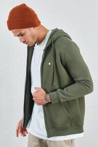 Haki Kapüşonlu Fermuarlı Sweat Kahve | MEW227698-01
