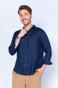 Lacivert %100 Keten Rahat Kesim Uzun Kol Gömlek Beyaz | MES128043-01